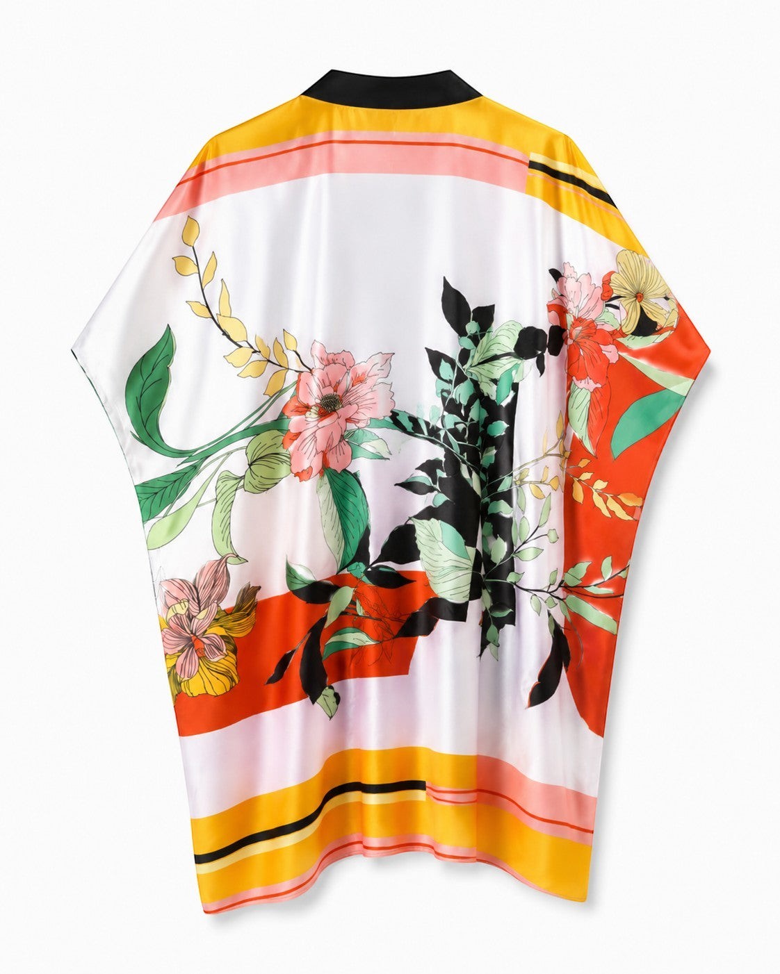 Tunique kimono courte EMAMOTTO PARIS en tissu fluide avec imprimé floral coloré et bordures noires contrastées