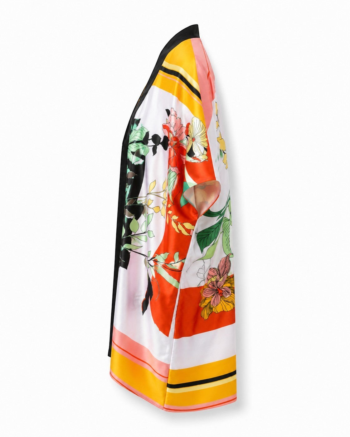Tunique kimono courte EMAMOTTO PARIS en tissu fluide avec imprimé floral coloré et bordures noires contrastées